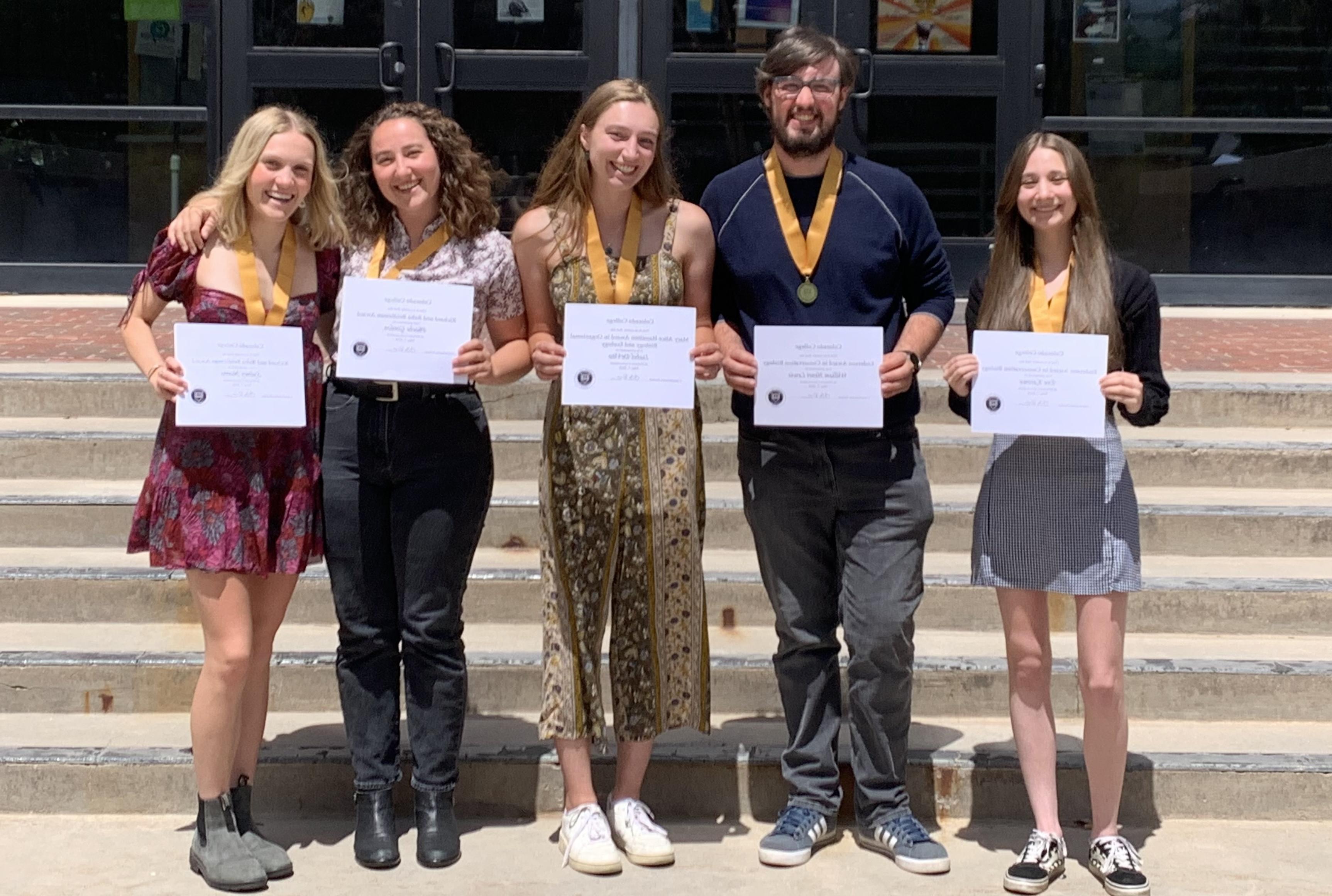 OBE seniors Eve Karowe, William Lewis, Isabel Devito, Phoebe Gordon and Sydney Morris (left to right) received departmental awards at the 2024 Honors convocation, congratulations!